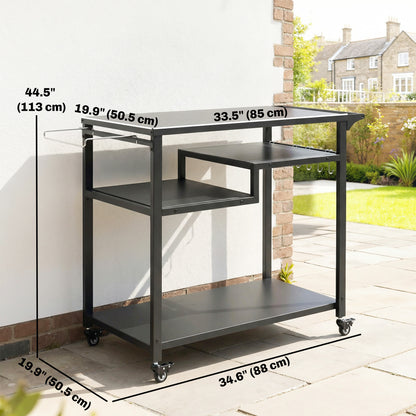 Outdoor Grill Cart, BBQ Stand, Three-Shelf Pizza Oven Stand with Hooks, Garbage Bag Holder, Wheels, Black