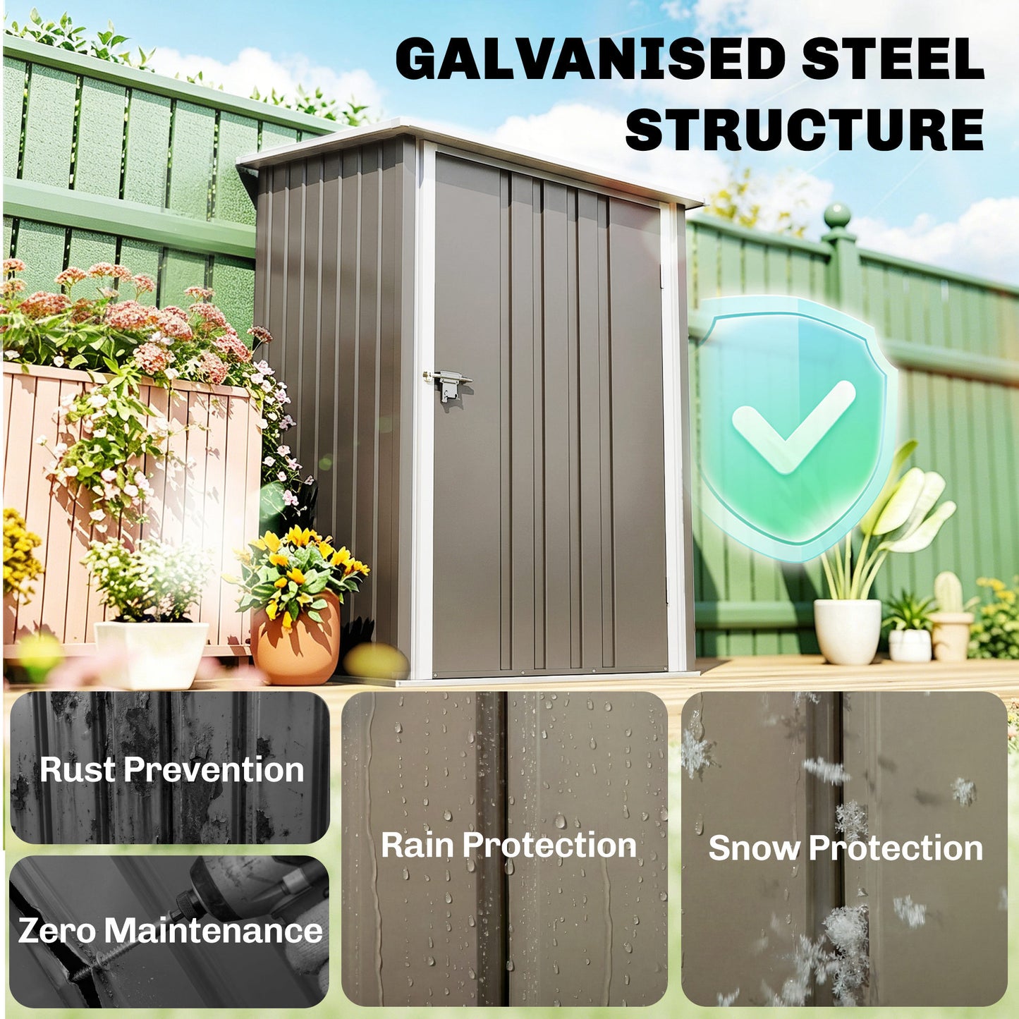 3.3' x 3.4' Lean-to Outdoor Garden Storage Shed, Galvanized Steel with Lockable Door for Patio Brown and White