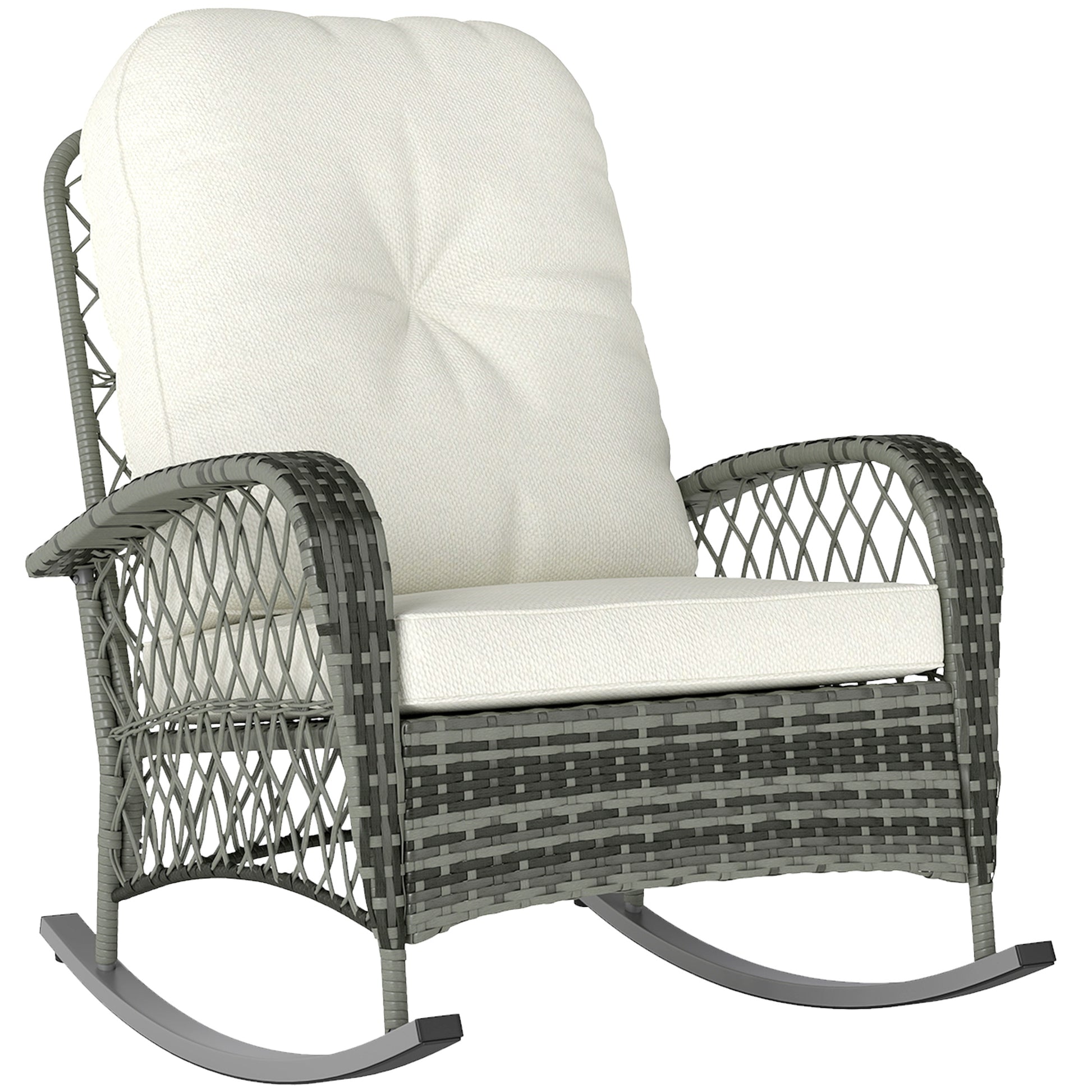 Rattan Rocking Chair, Outdoor Wicker Patio Rocker Chair Furniture with Thick Cushions, for Garden Backyard Porch, Khaki