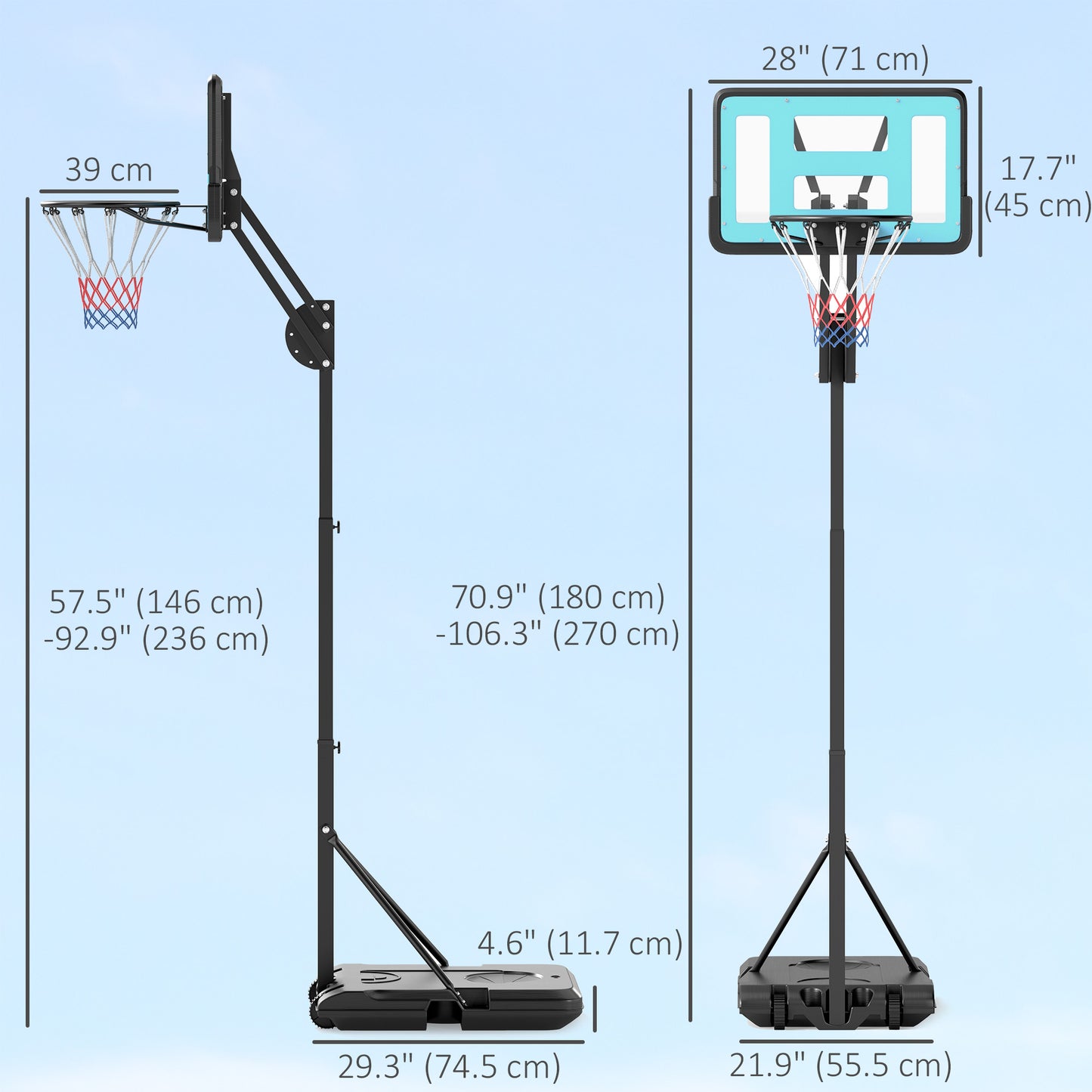 Soozier Basketball Hoop Outdoor, Basketball Hoop and Stand with Weighted Base and Shatterproof Backboard, 57.5"-92.9", Black