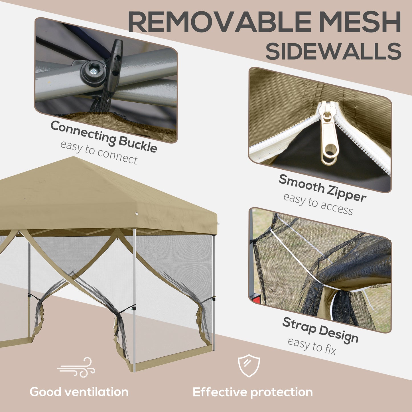 10' x 10' Pop-Up Party Tent UPF50+ Outdoor Canopy Tent with Mesh Sidewalls, 3-Level Adjustable Height, Roller Bag, Khaki