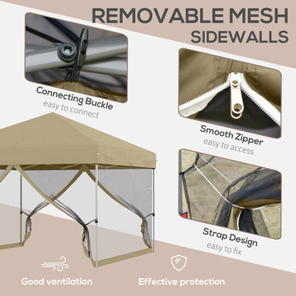 10' x 10' Pop-Up Party Tent UPF50+ Outdoor Canopy Tent with Mesh Sidewalls, 3-Level Adjustable Height, Roller Bag, Khaki