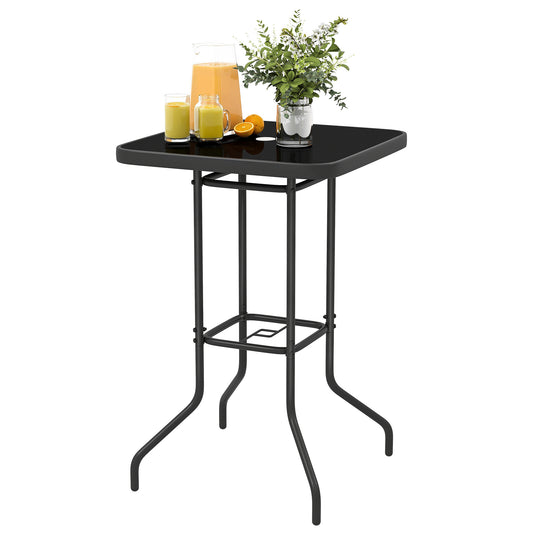 Outdoor Bar Table with Umbrella Hole, 41.3" Bar Height Patio Table with Glass Top and Metal Frame, Black