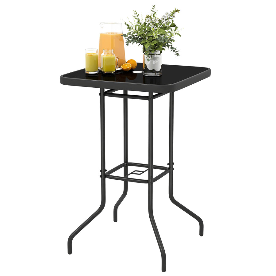 Outdoor Bar Table with Umbrella Hole, 41.3" Bar Height Patio Table with Glass Top and Metal Frame, Black