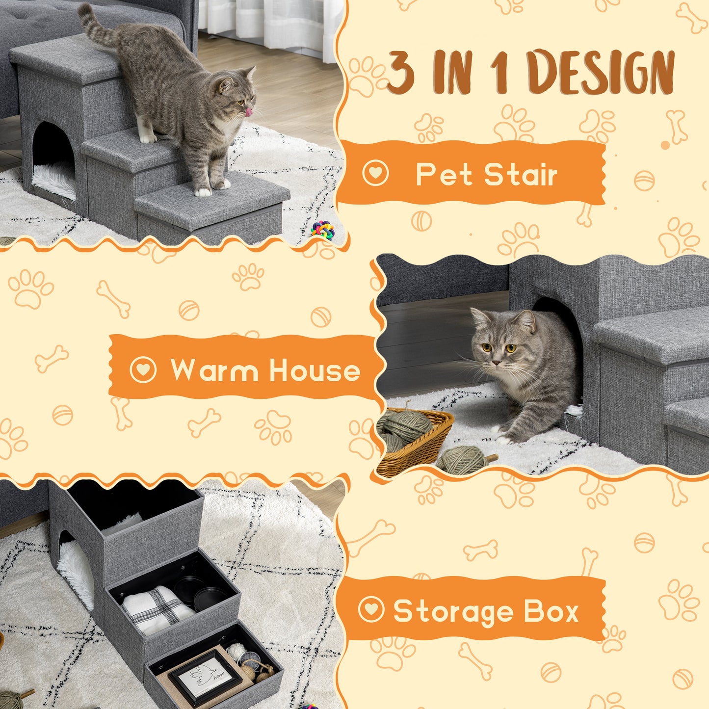 Dog Ramp with Storage Boxes and Condo, 3-step Pet Stairs for High Beds and Couch with Washable Plush Cushion