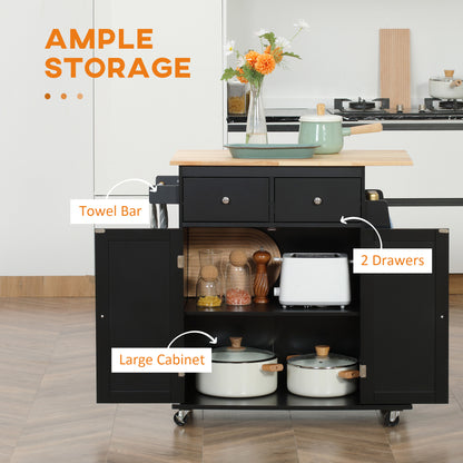 Rolling Kitchen Island Trolley Storage Cart with Rubber Wood Top, 3-Tier Spice Rack, Towel Rack Home Kitchen Carts, Black