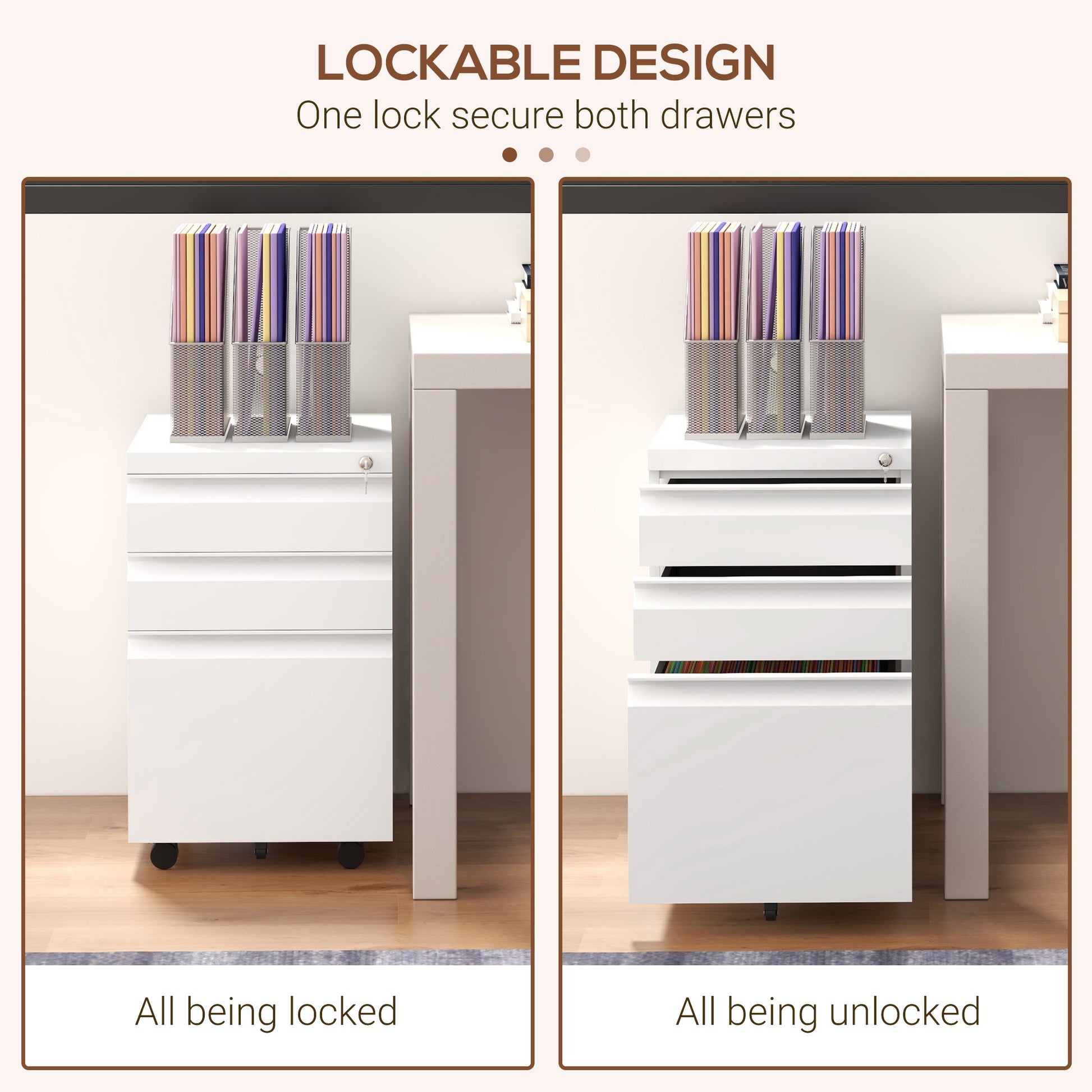 3 Drawer File Cabinet with Lock, Steel Vertical Filing Cabinet with 5 Wheels and Hanging Bar for A4/Legal/Letter, Home Office Printer Stand with Pre-Assembled Body, White