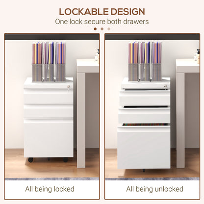3 Drawer File Cabinet with Lock, Steel Vertical Filing Cabinet with 5 Wheels and Hanging Bar for A4/Legal/Letter, Home Office Printer Stand with Pre-Assembled Body, White