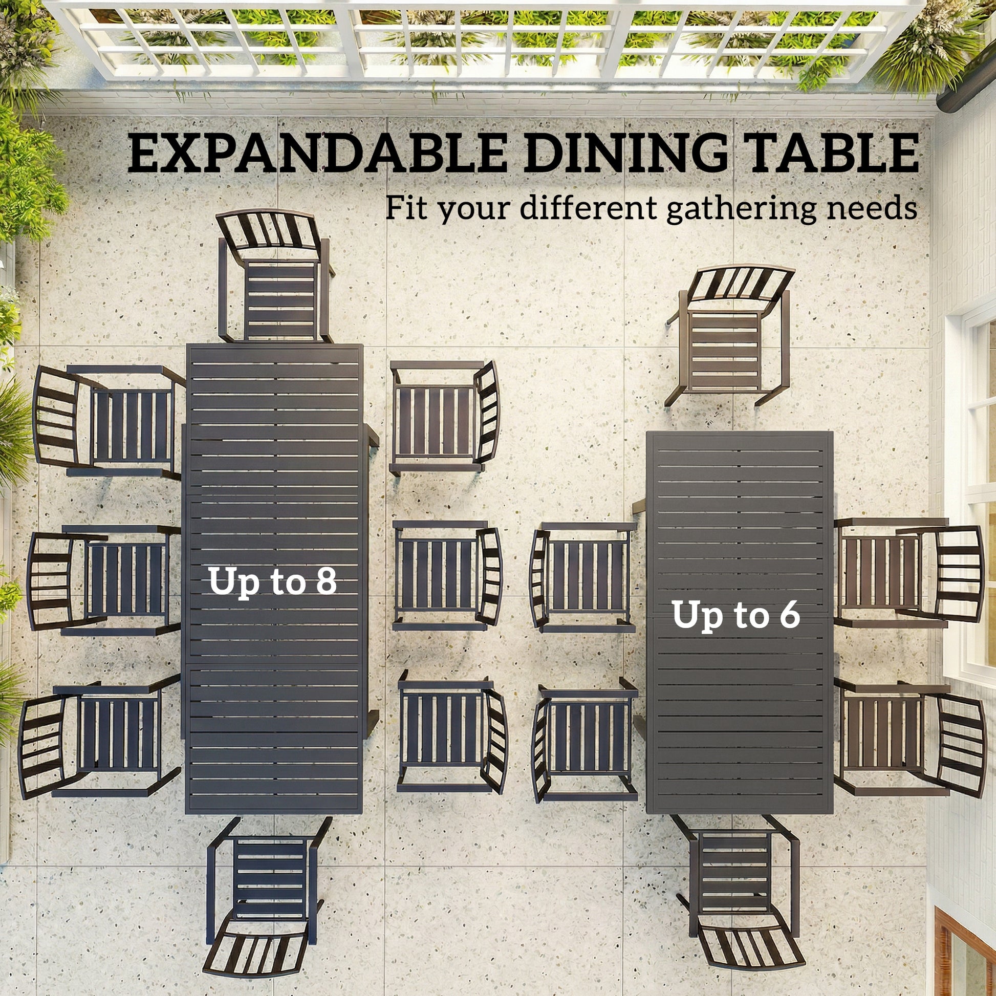 Expandable Outdoor Dining Table for 6-8 People, 59"-89" Aluminum Patio Dining Table with Slatted Top, Dark Grey