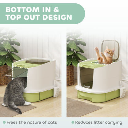Enclosed Cat Litter Box with Lid, Scoop, Top Entry, Deodorization Bags, Drawer Type Cat Litter Tray, Easy to Clean, Green