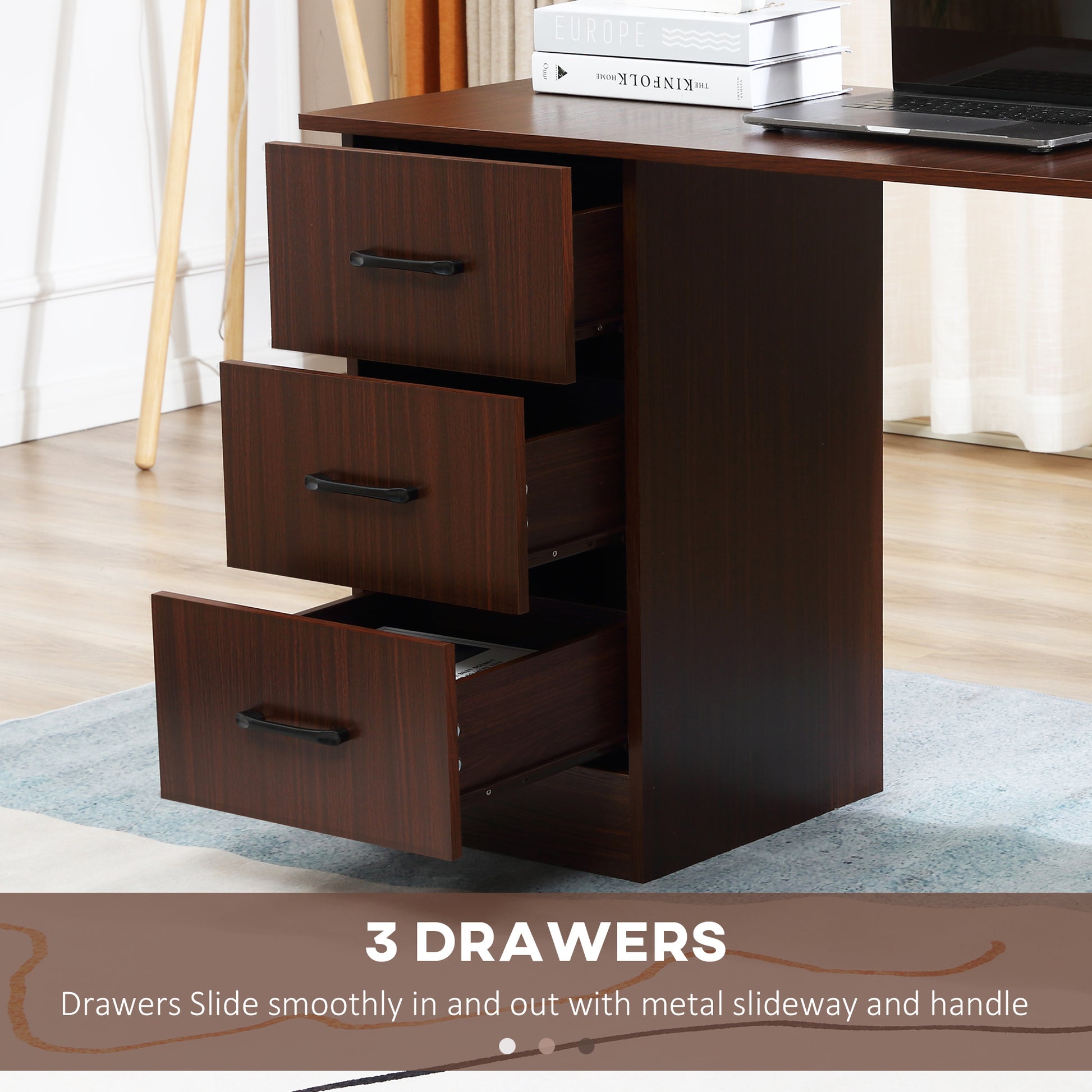 Computer Desk, 47" Writing Table with 3-Tier Shelves and 3 Reversible Drawers for Home Office, Bedroom, Walnut