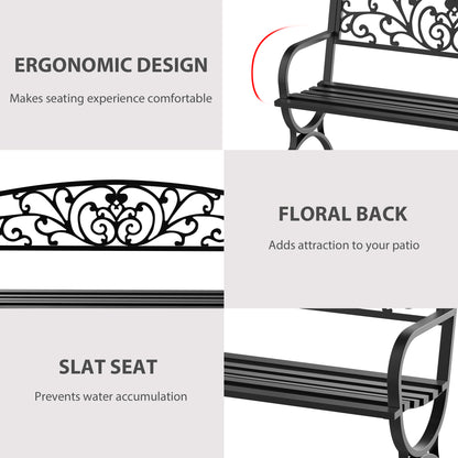50" 2-Seater Garden Bench, Patio Porch Decorative Chair Cast Iron Loveseat Outdoor Furniture for Yard, Lawn, Porch, Black