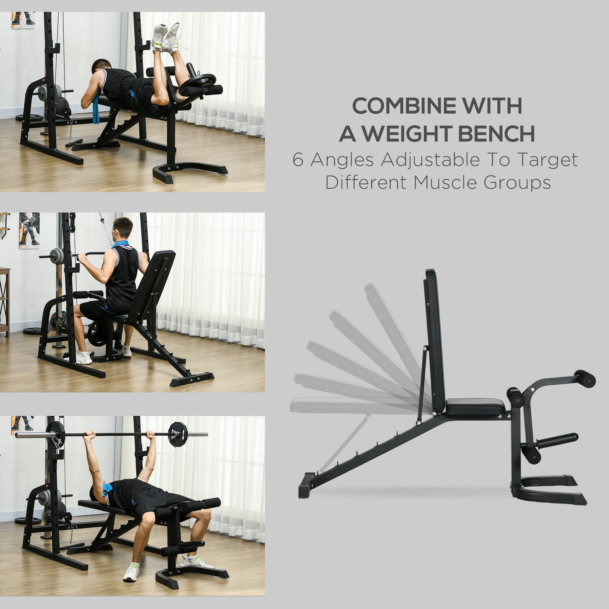Soozier Smith Machine, Multi-Functional Power Cage w/ Adjustable Bench, Barbell Bar, Cable Pulley System, 15-Level Squat Rack