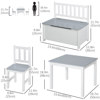 Qaba 4-Piece Set Kids Wood Table Chair Bench with Storage Function Gift for Toddlers