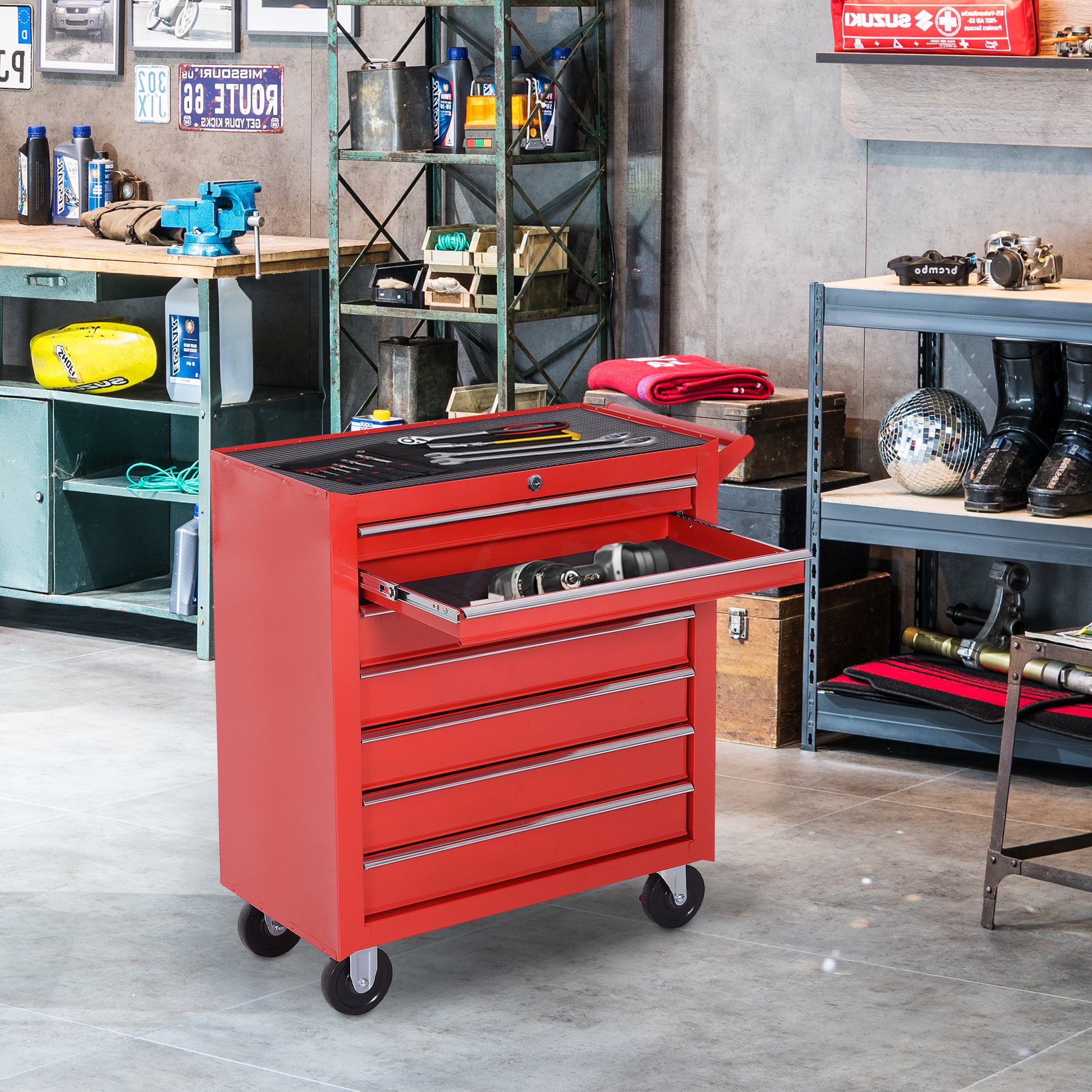 Rolling Tool Chest, 7-Drawer Lockable Tool Cabinet with 4 Wheels, Handle, Toolbox Storage Organizer for Garage, Workshop, Repair Shop, Red
