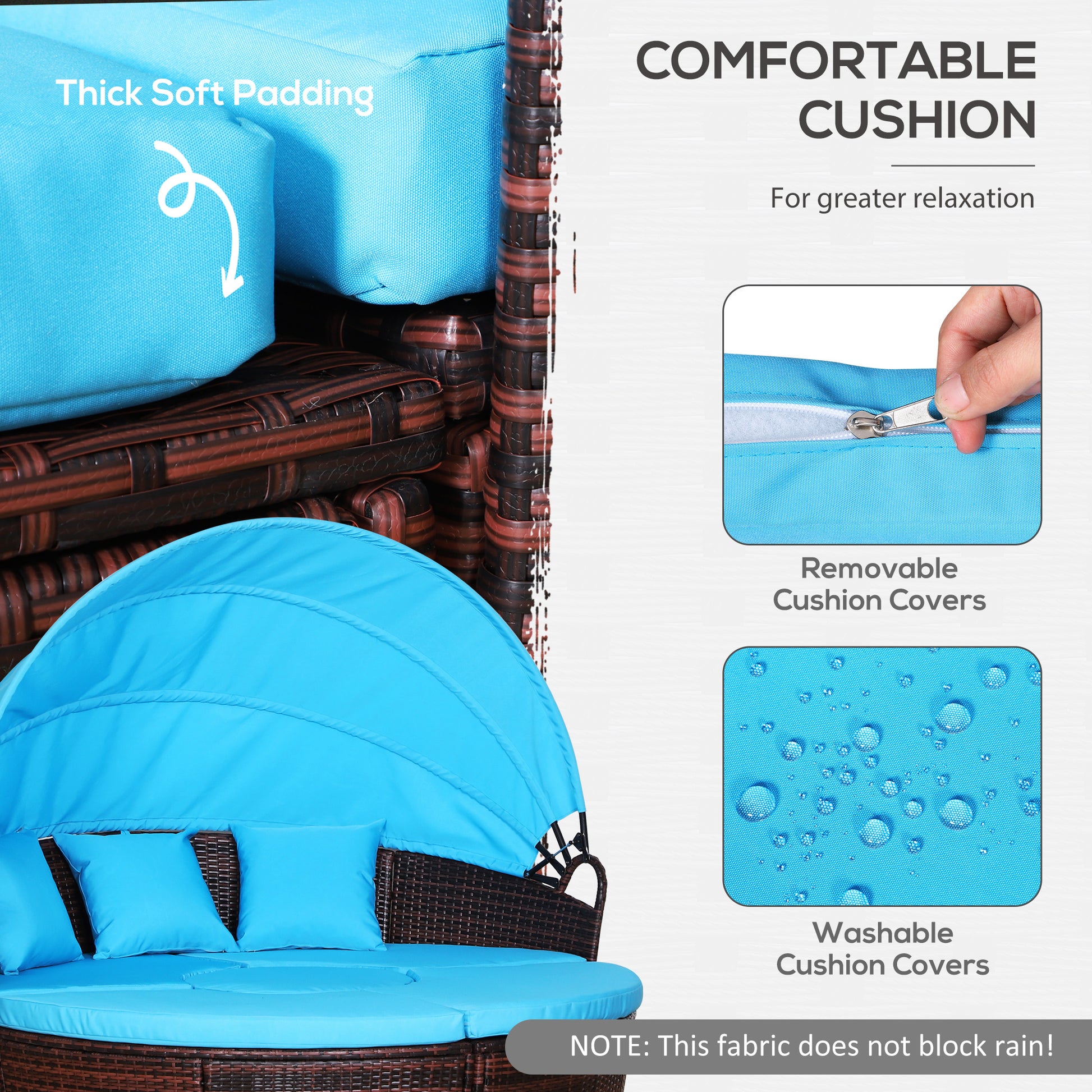 4 Pieces Outdoor Daybed with Retractable Canopy, PE Rattan Wicker Round Sofa Day Bed, Patio Sectional Conversation Furniture Set with Cushions and Pillows, Light Blue