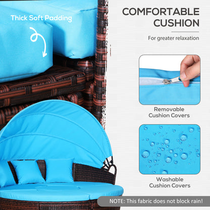 4 Pieces Outdoor Daybed with Retractable Canopy, PE Rattan Wicker Round Sofa Day Bed, Patio Sectional Conversation Furniture Set with Cushions and Pillows, Light Blue