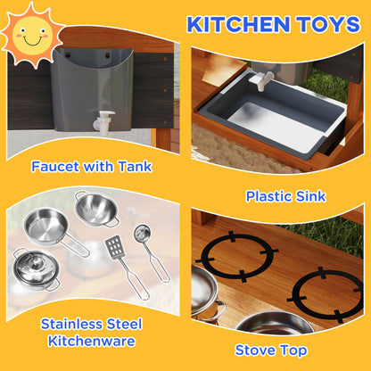 Kids Sandbox with Cover Kitchen Playset Toys, Wooden Sand Box with Seat, Storage, for 3-7 Years Old, Red