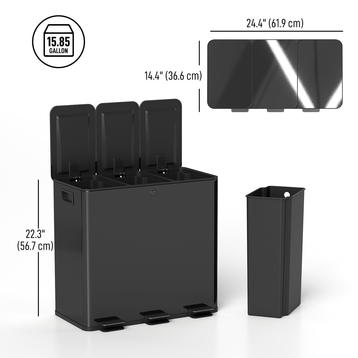 Triple Garbage Bin, Soft-Close Trash Can with Foot Pedal, 3 x 20 Liter Garbage Can with Removable Inner Buckets, Black