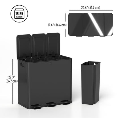 Triple Garbage Bin, Soft-Close Trash Can with Foot Pedal, 3 x 20 Liter Garbage Can with Removable Inner Buckets, Black