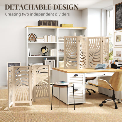 4 Panel Room Divider, Detachable Folding Privacy Screens with Palm Leaf Design for Home Office, Natural Wood Finish