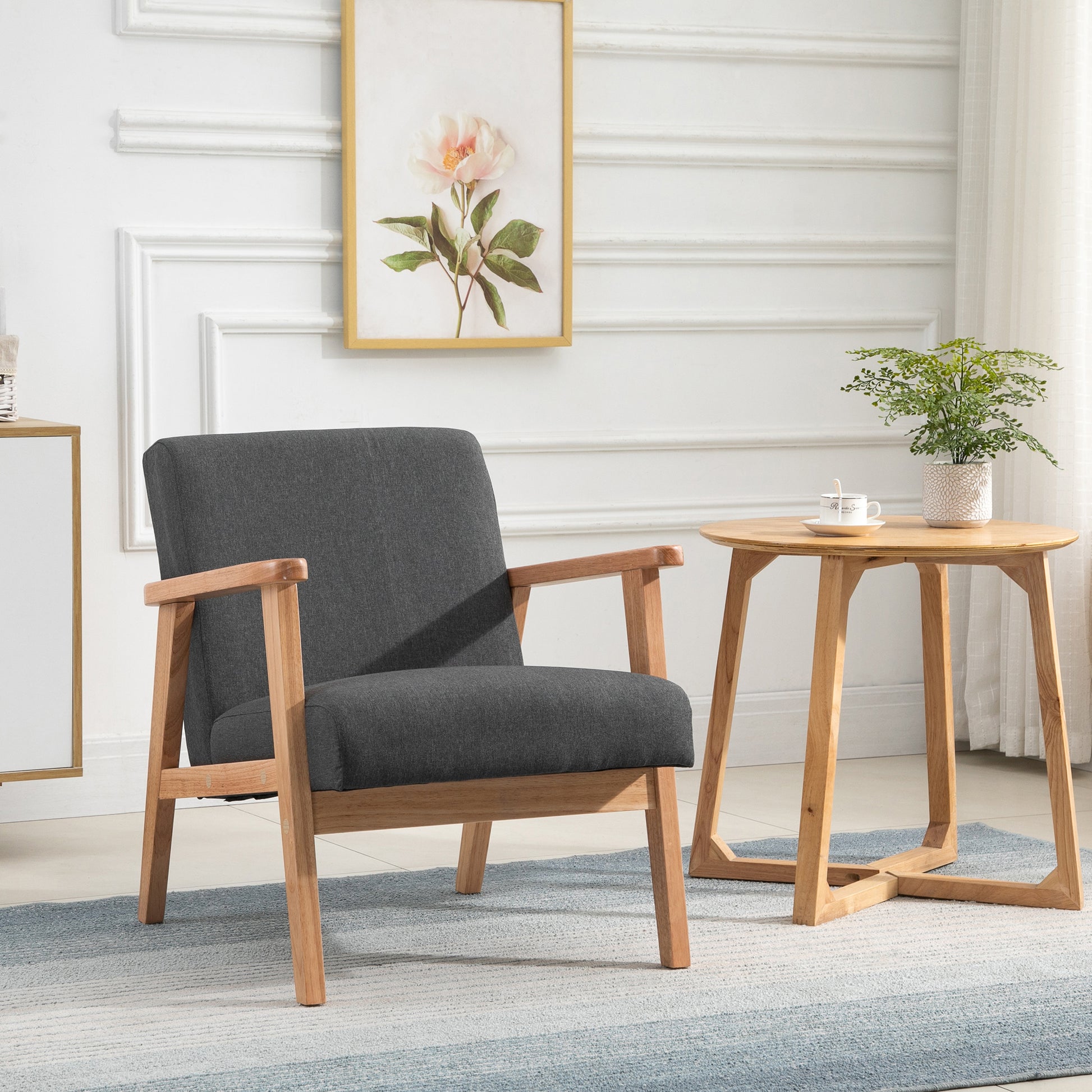 Mid-Century Modern Accent Chair Retro Fabric Armchair Wooden Arm Upholstered Lounge Chair for Living Room Grey