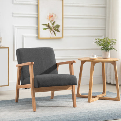 Mid-Century Modern Accent Chair Retro Fabric Armchair Wooden Arm Upholstered Lounge Chair for Living Room Grey