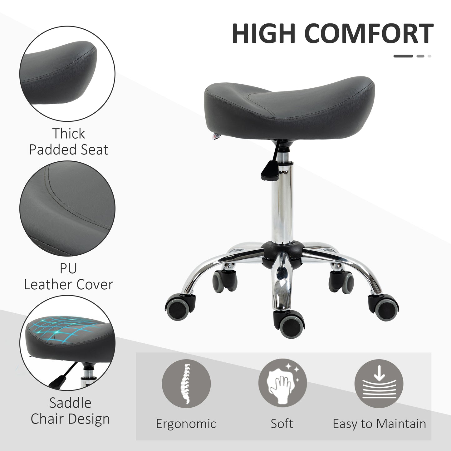 Saddle Stool, Height Adjustable Rolling Salon Chair with PU Leather for Massage, Spa, Clinic, Beauty and Tattoo, Grey