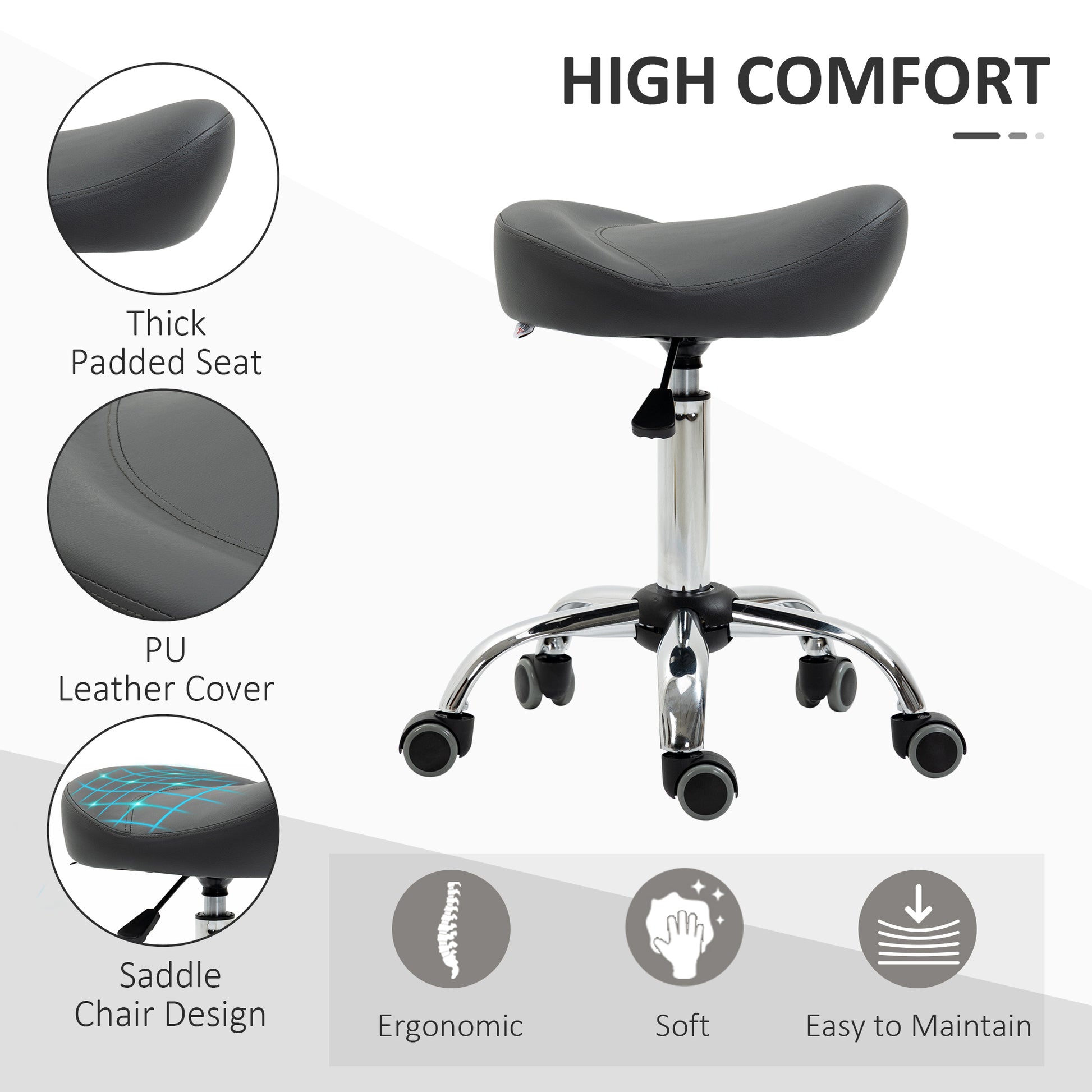 Saddle Stool, Height Adjustable Rolling Salon Chair with PU Leather for Massage, Spa, Clinic, Beauty and Tattoo, Grey
