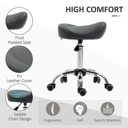 Saddle Stool, Height Adjustable Rolling Salon Chair with PU Leather for Massage, Spa, Clinic, Beauty and Tattoo, Grey