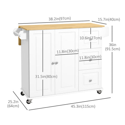 Kitchen Island on Wheels, Kitchen Cart with Drop Leaf, Drawers, Storage Racks, Rubberwood Top, White