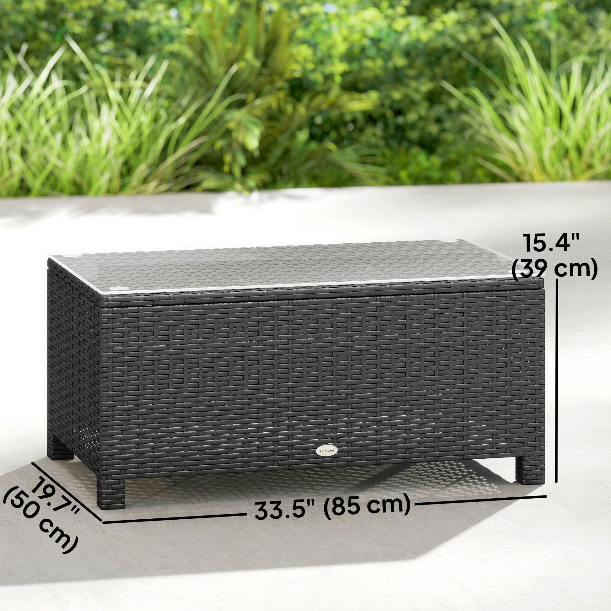 PE Wicker Outdoor Coffee Table with Glass Top Garden Patio Table, Dark Grey