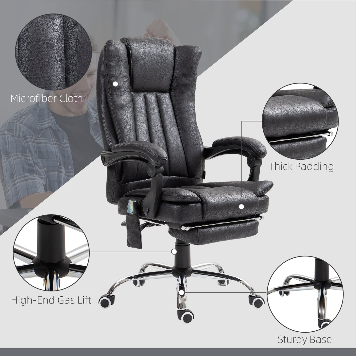 Office Chair 6-point Vibration Massage Chair Micro Fiber Recliner with Retractable Footrest Black