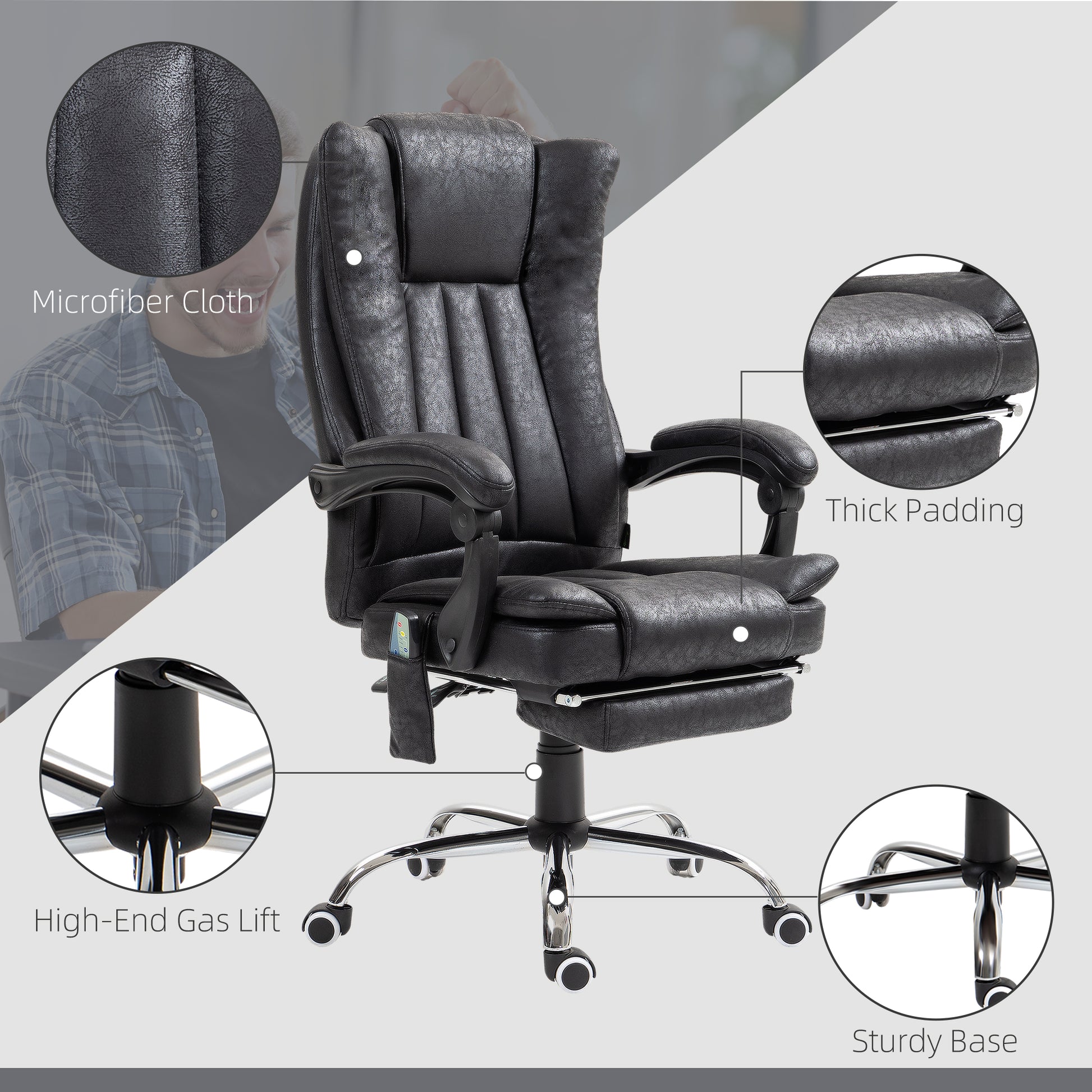 Office Chair 6-point Vibration Massage Chair Micro Fiber Recliner with Retractable Footrest Black