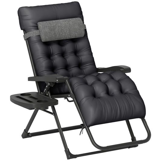 Padded Folding Recliner Chair, Patio Lounger with Cupholder, Adjustable Backrest, Removable Cushion, Black