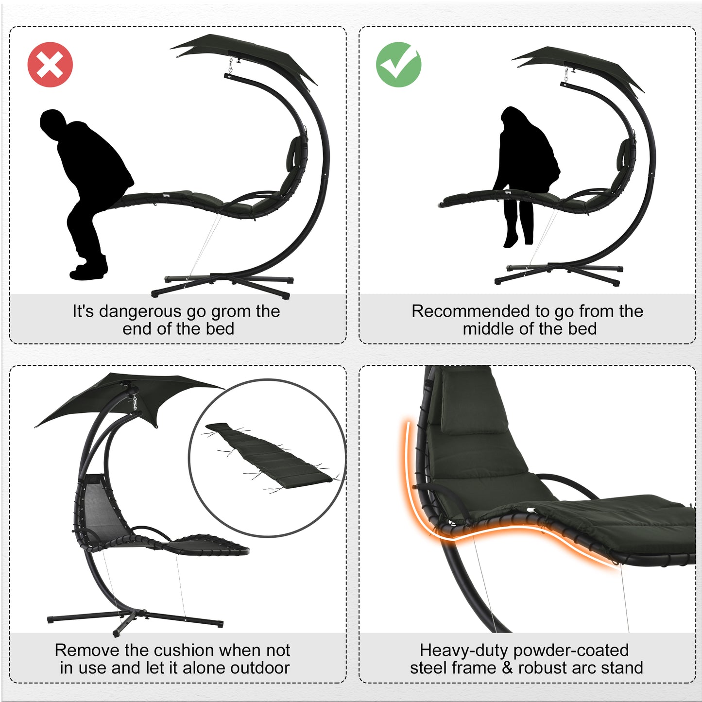 Outdoor Hammock Chair with Stand, Floating Chaise Lounge Chair with Soft Padded Cushion, Hanging Hammock Swing Reclining Seat with Canopy Umbrella, Charcoal Grey