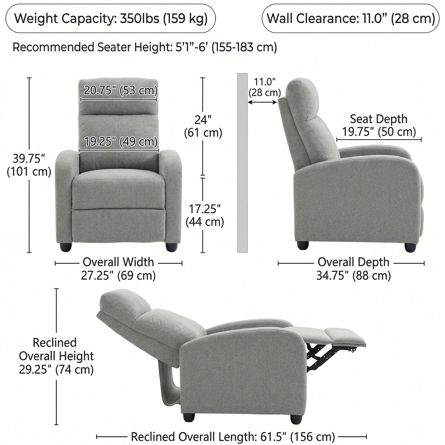Manual Recliner Sofa Manual Home Theater Seating, Single Linen-Touch Sofa Armchair for Living Room, Light Grey