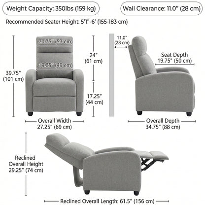 Manual Recliner Sofa Manual Home Theater Seating, Single Linen-Touch Sofa Armchair for Living Room, Light Grey