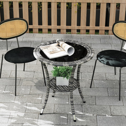 Outdoor Rattan Dining Table, Patio Wicker Round Coffee Table with 2-Tier Storage Shelf, Mixed Grey