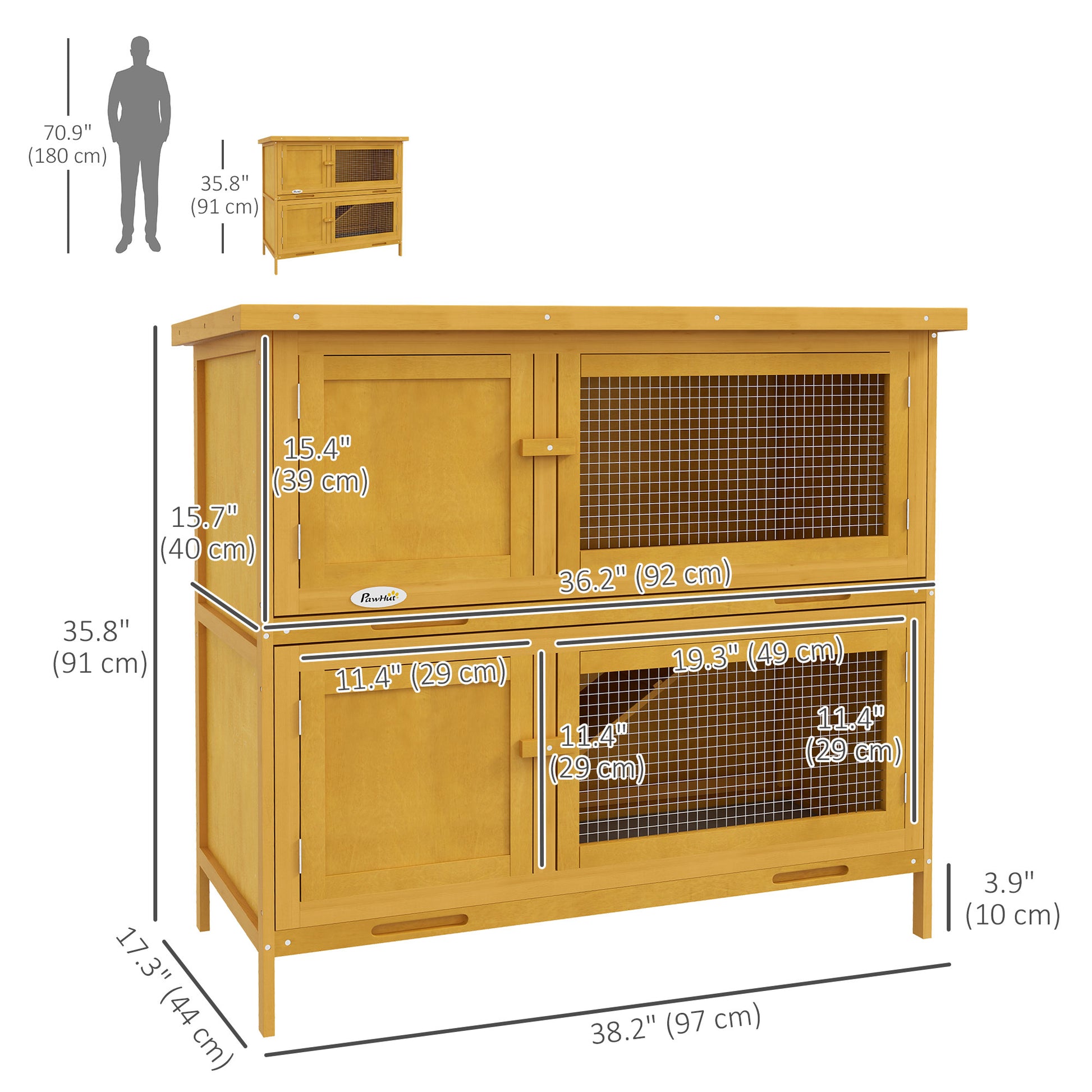 Wood Rabbit Hutch with 2 Large Main House, Ramp, Trays, Yellow