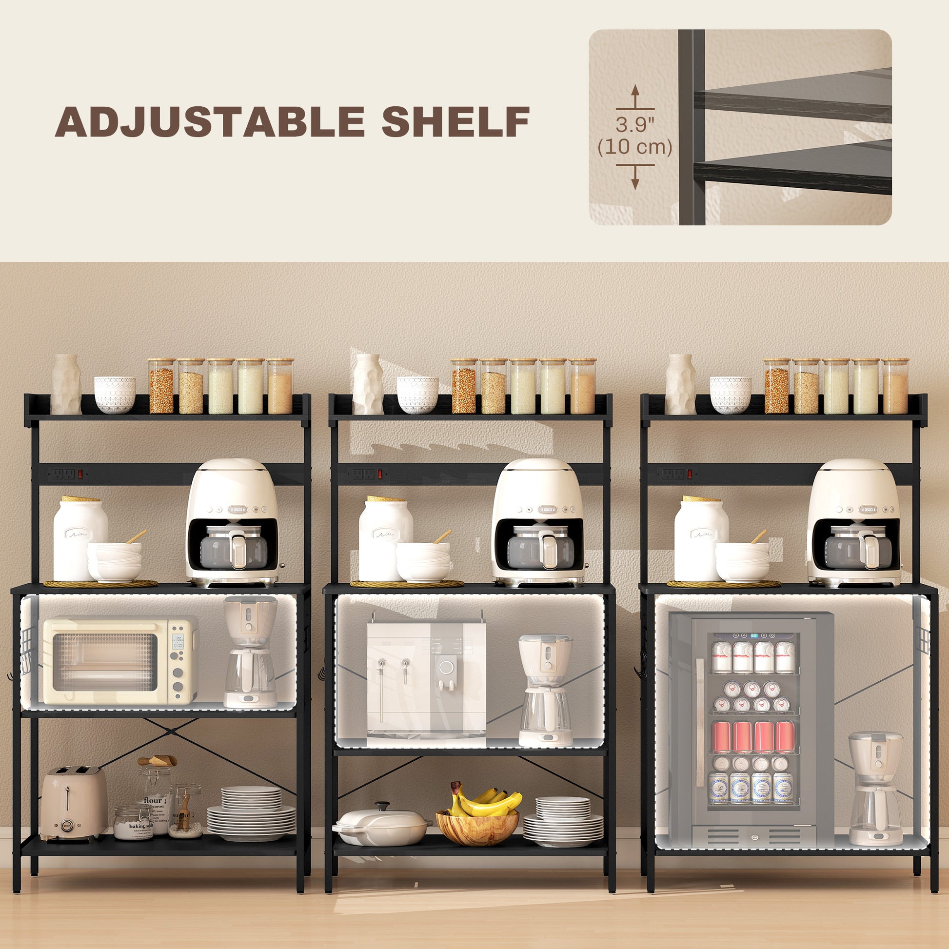 Kitchen Baker's Rack with Power Outlet, Coffee Bar Station with Adjustable Shelves and Hooks, Distressed Black