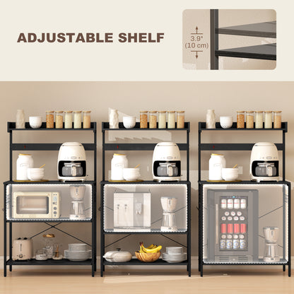 Kitchen Baker's Rack with Power Outlet, Coffee Bar Station with Adjustable Shelves and Hooks, Distressed Black