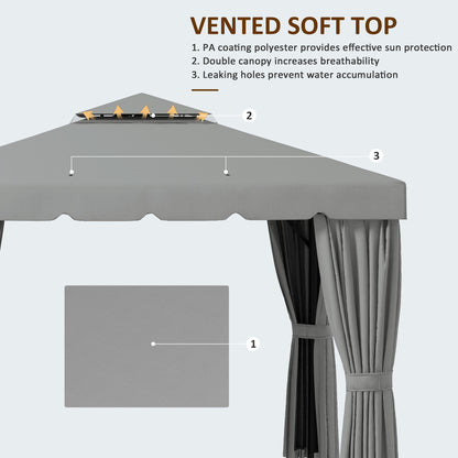 10' x 10' Outdoor Patio Gazebo Double Soft-top Garden Shelter Tent with Curtains, & Mesh Screen Drapes, Light Grey