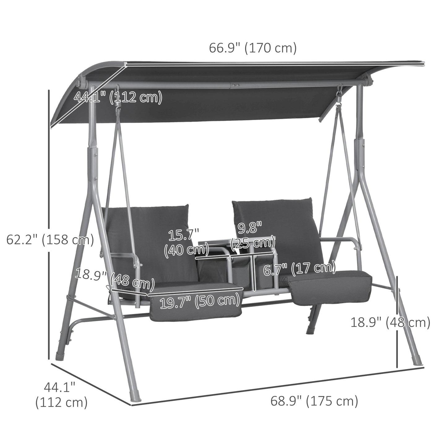 2-Seater Outdoor Porch Swing with Adjustable Canopy and Table, Patio Swing Chair for Garden, Poolside, Backyard, Grey