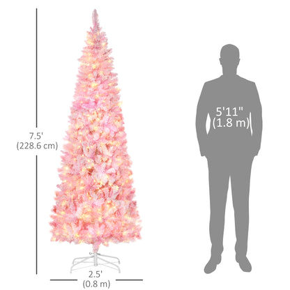 7.5 Foot Prelit Snow Flocked Artificial Christmas Tree with Pencil Shape, 700 Pine Realistic Branches, Warm White LED lights, Auto Open, Pink and White