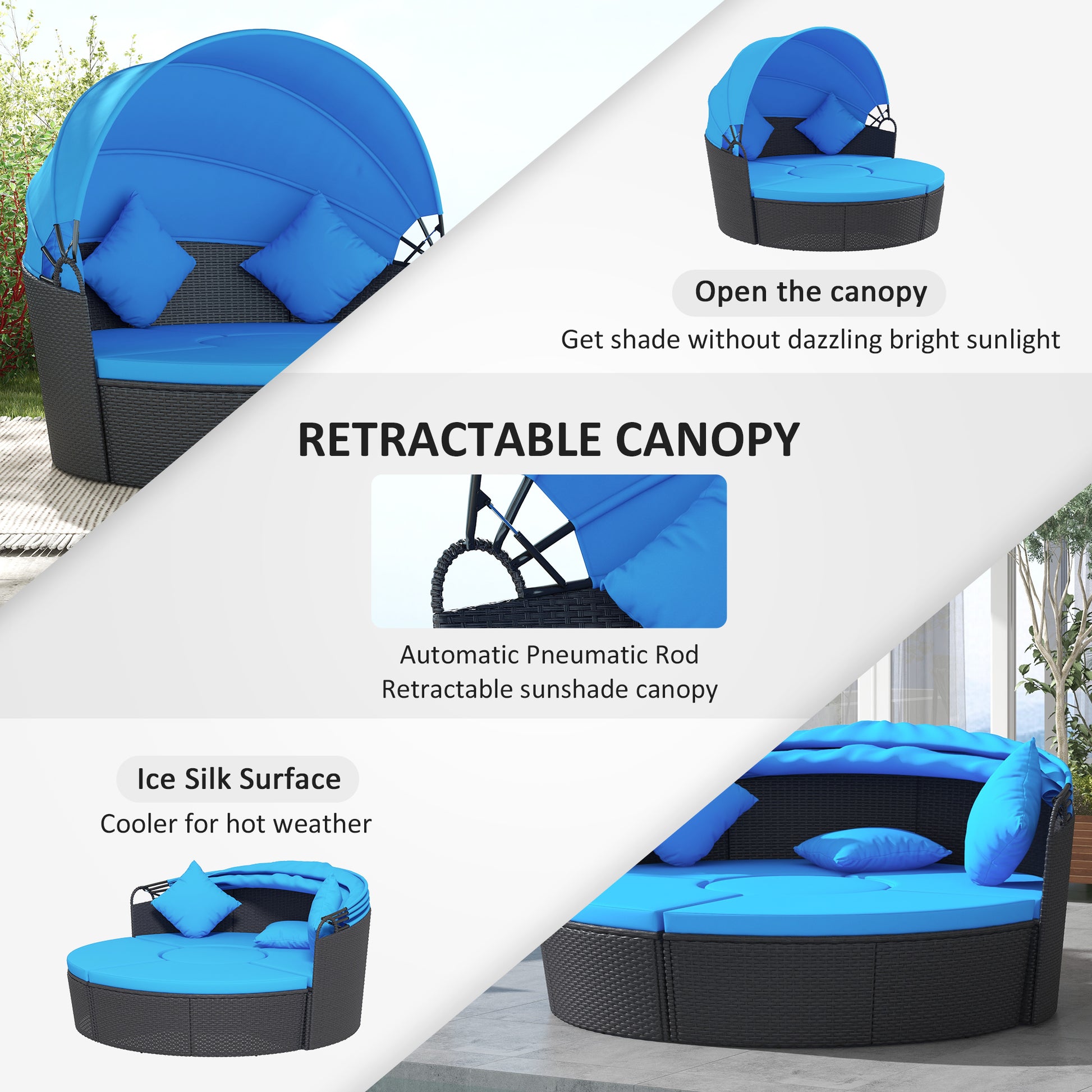 4-piece Round Sofa Bed, Outdoor Daybed with Retractable Canopy, PE Rattan Wicker Patio Lounge Chair