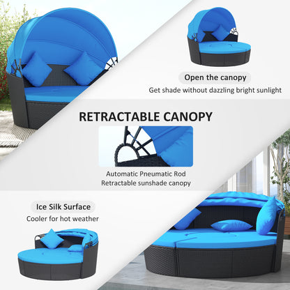 4-piece Round Sofa Bed, Outdoor Daybed with Retractable Canopy, PE Rattan Wicker Patio Lounge Chair