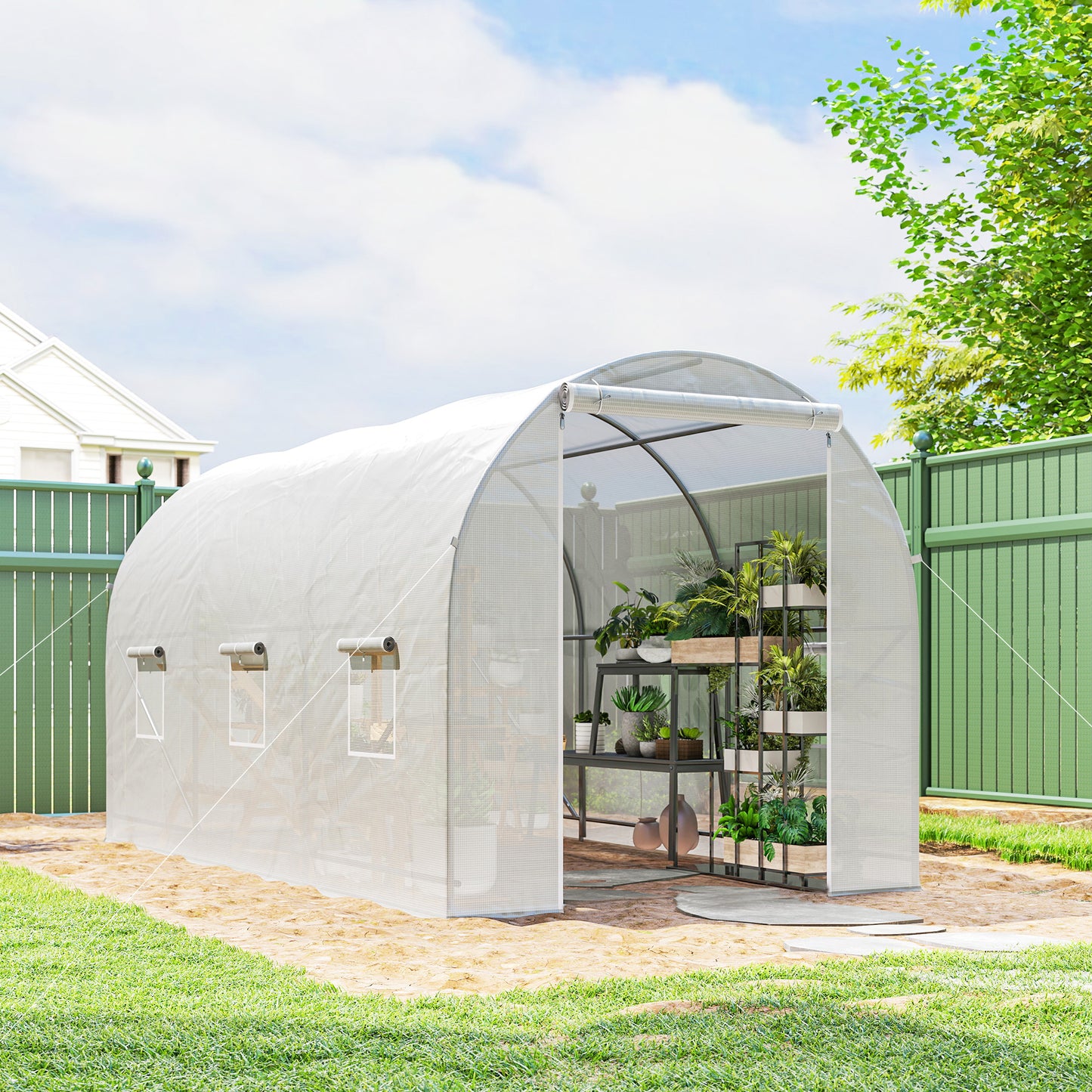 11.5x6.6x6.6ft Walk-in Tunnel Greenhouse Portable Garden Plant Growing Warm House with Door and Ventilation Window, White