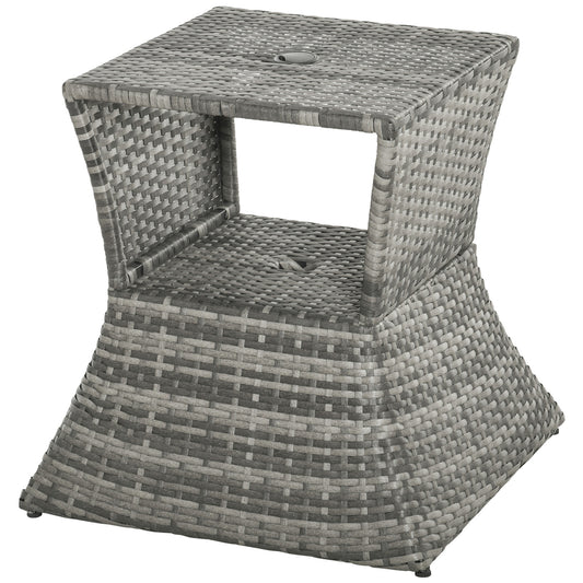 Rattan Wicker Side Table, 21.3" Square Outdoor End Table with Umbrella Hole 2-Tier Storage for Patio Garden Mixed Grey