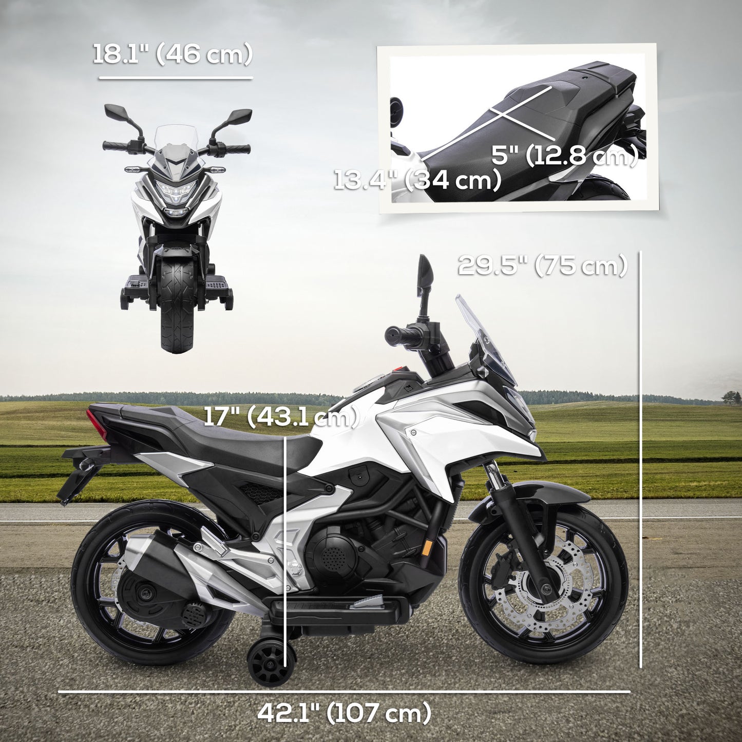 Qaba Honda Licensed 12V Ride on Motorbike for Kids with Headlights Music Training Wheels, for 3-6 Years, White